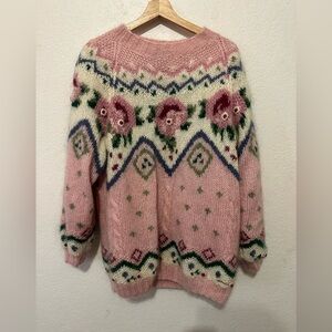 Vintage 90’s Siba Mohair Blend Floral Knit Sweater in Pink and Cream - Size L